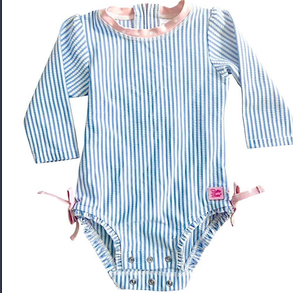 💙 Ruffle Butts Seersucker Baby Swimsuit 🤍